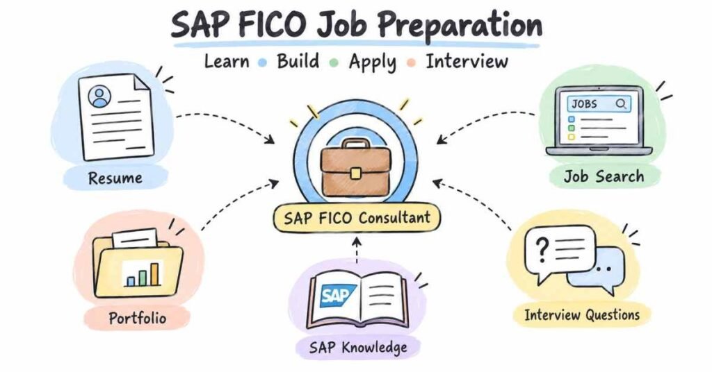 SAP FICO job preparation visual with resume, portfolio, applications and interview practice. | FLM | FrontlinesEduTech |