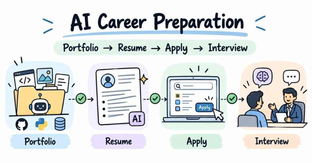 AI career preparation visual showing portfolio, resume, applications and interview steps. | FLM | FrontlinesEduTech |