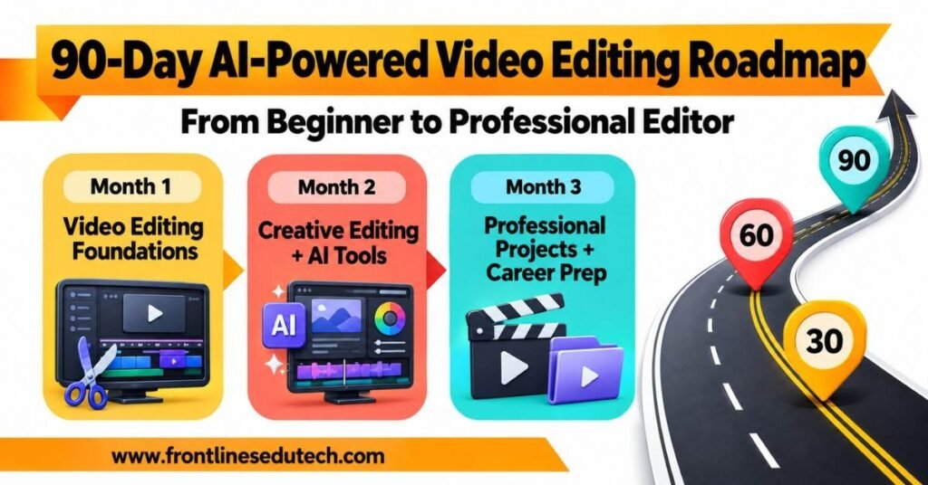 Video editing roadmap showing a 90-day journey from editing basics to professional portfolio preparation. | FLM | FrontlinesEduTech |
