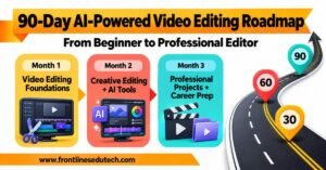 Video editing roadmap showing a 90-day journey from editing basics to professional portfolio preparation. | FLM | FrontlinesEduTech |