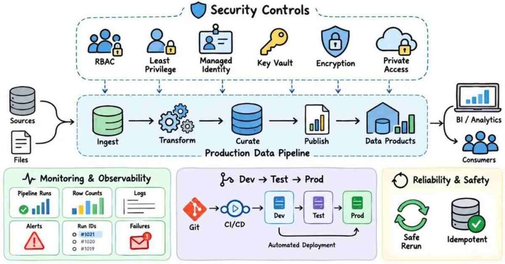 Azure data pipeline security monitoring DevOps and production support