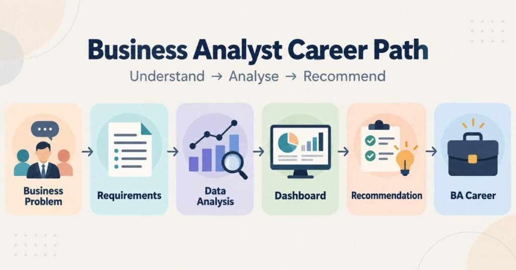 How to Become a Business Analyst career path from requirements and data analysis to business recommendations. | FLM | FrontlinesEduTech |
