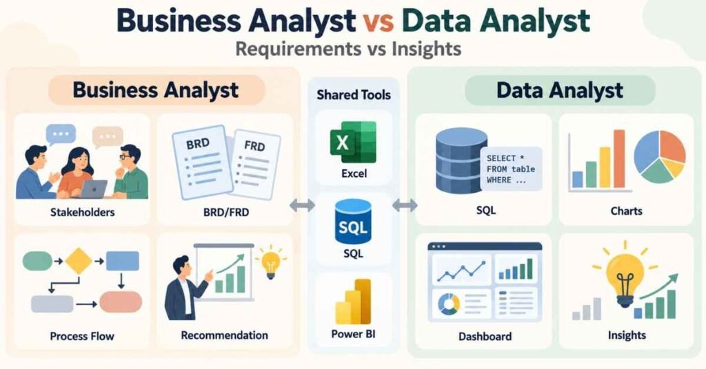 How to Become a Business Analyst comparison showing requirements, processes, data and insights. | FLM | FrontlinesEduTech |