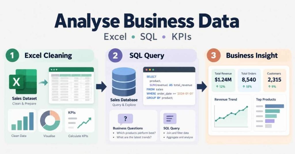 How to Become a Business Analyst guide visual showing Excel, SQL and KPI analysis for business decisions. | FLM | FrontlinesEduTech |
