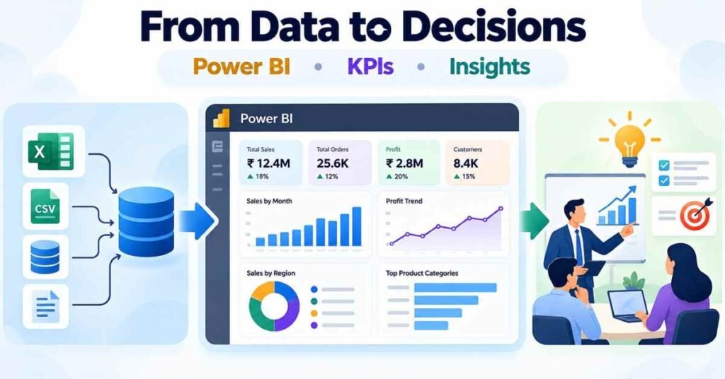 Business analytics visual showing Power BI dashboards, KPIs, insights and recommendations. | FLM | FrontlinesEduTech |