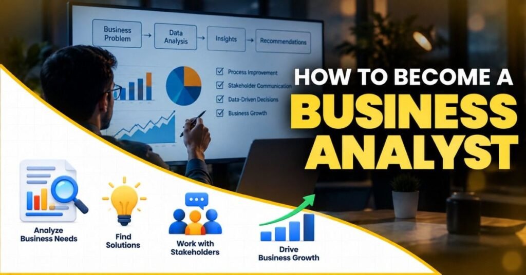 How to Become a Business Analyst guide covering requirements, Excel, SQL, Power BI, Agile and career preparation. | FLM | FrontlinesEduTech |