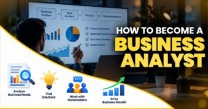 How to Become a Business Analyst guide covering requirements, Excel, SQL, Power BI, Agile and career preparation. | FLM | FrontlinesEduTech |
